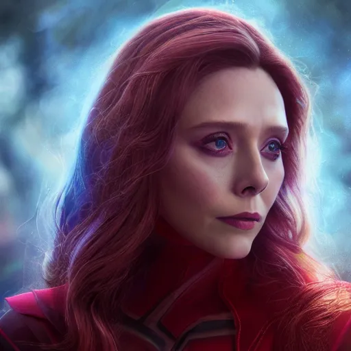 Image similar to movie still of elizabeth olsen as scarlet witch rewriting the fabric of reality, photorealistic art style, fantasy aesthetic. full - body photography, comprehensive art, thorough details, intricate, artstation, cgsociety contest winner