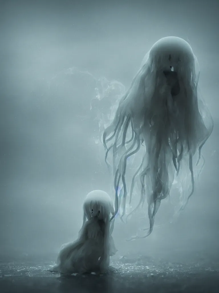 Image similar to cute fumo plush beautiful ectoplasmic gothic skeletal jellyfish ghost girl, glowing milky wisps of hazy smoke and volumetric fog on a stormy reflective river in the rain, heavy rainstorm, lens flare, subsurface scattering, vignette, asymmetry, bokeh, refraction, vray