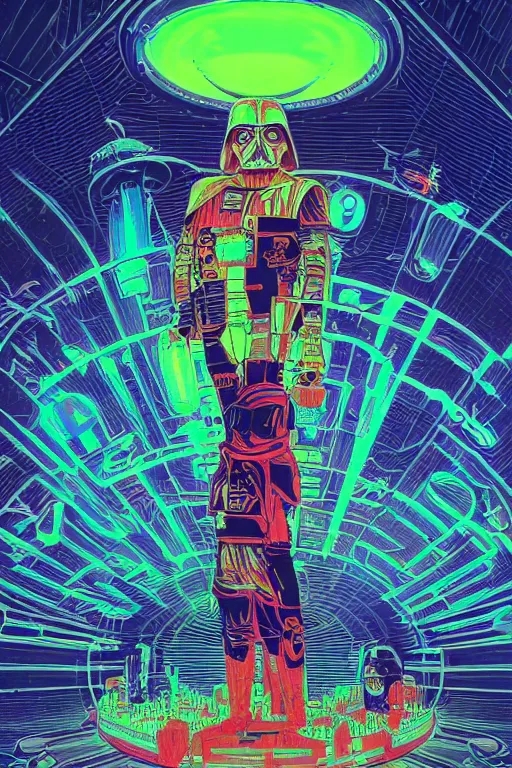 Prompt: darth vader dj standing on a giant science fiction neon turntable at a astronaut rave, anti gravity, digital art, winning award masterpiece, fantastically beautiful, intricate, illustration, dan mumford, geof darrow, moebius, artgerm, alphonse mucha, roger dean,, 8 k