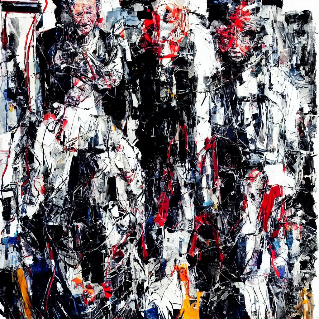 Image similar to Joe Biden full body portrait, Techwear, Cyberpunk, painting by Ralph Steadman, Francis Bacon, Hunter S Thompson