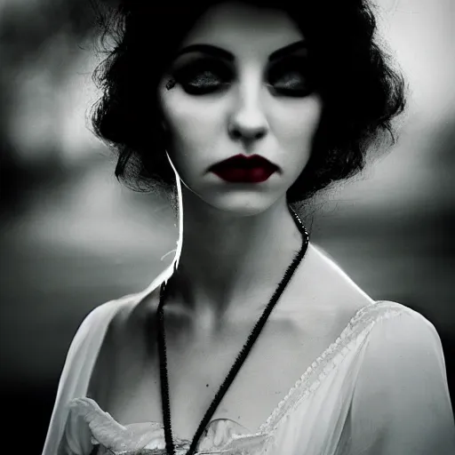Image similar to A beautiful portrait of a lady vampire, victorian, ominous, depth of field, bokeh, irwin penn, soft light, cinematic