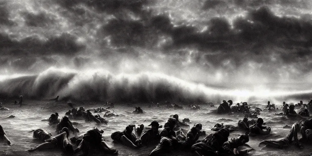 Prompt: a tsunami of corpses, by Edward Steichen, dramatic lighting, high contrast colors, panoramic view, as trending on Artstation,