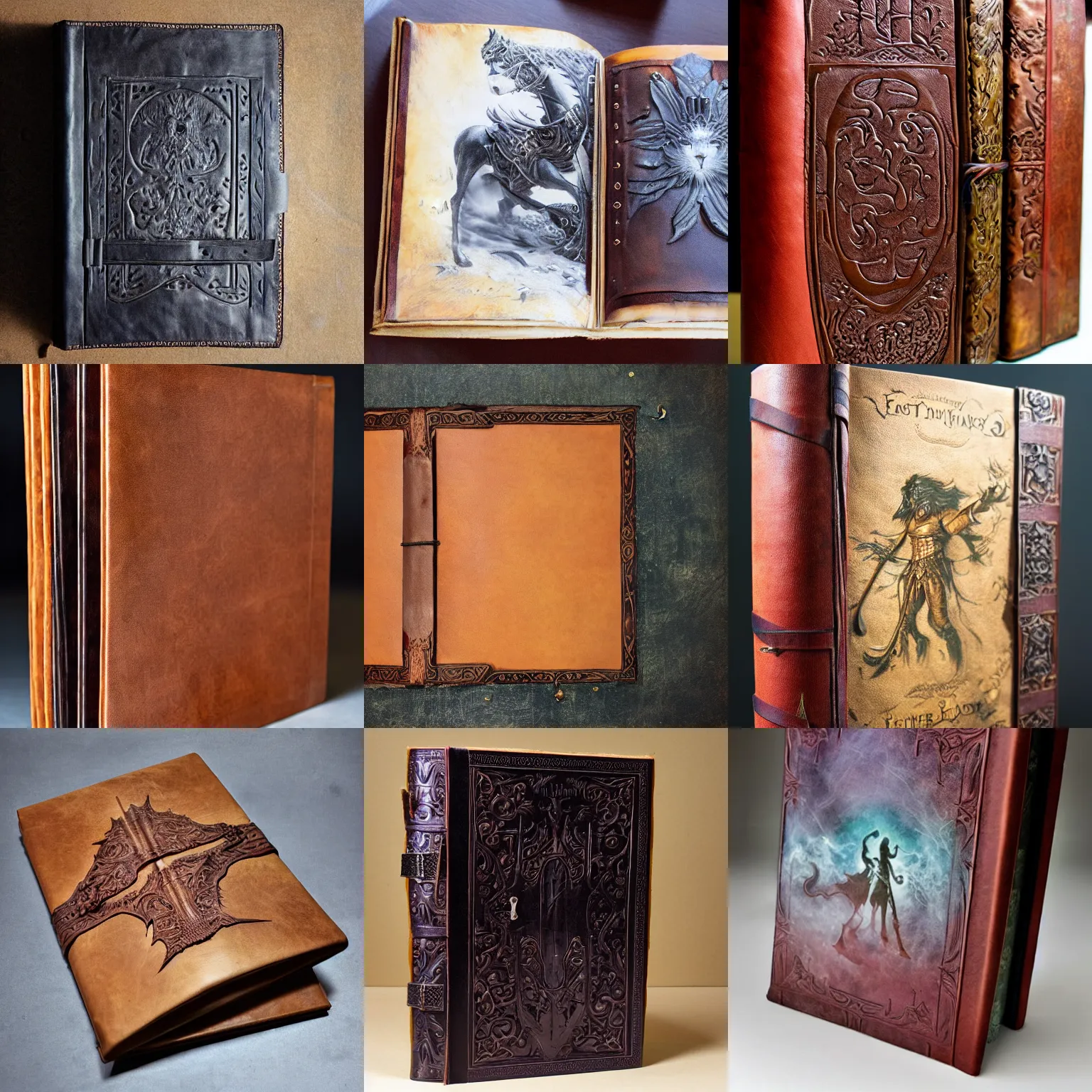 Prompt: bookbinding for a fantasy book leather photograph