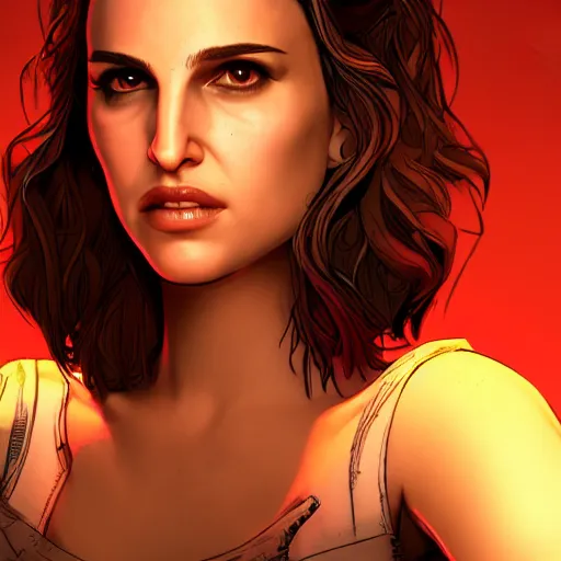 Image similar to young natalie portman portrait, borderlands, tales from the borderlands, the wolf among us, comic, cinematic lighting, studio quality, 8 k