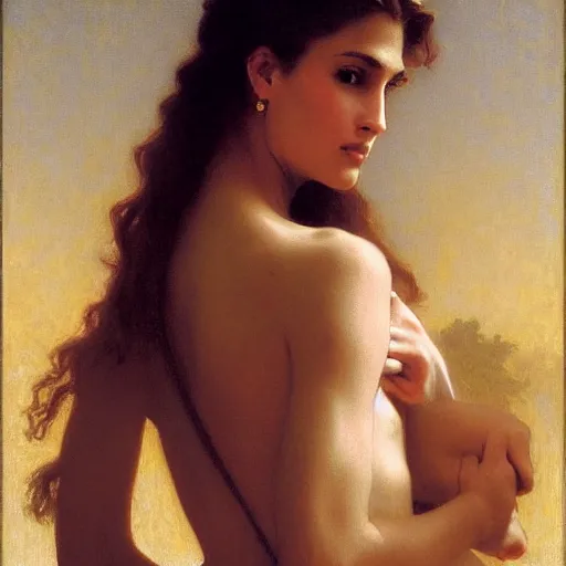 Image similar to Painting of Cindy Crawford. Art by william adolphe bouguereau. During golden hour. Extremely detailed. Beautiful. 4K. Award winning.