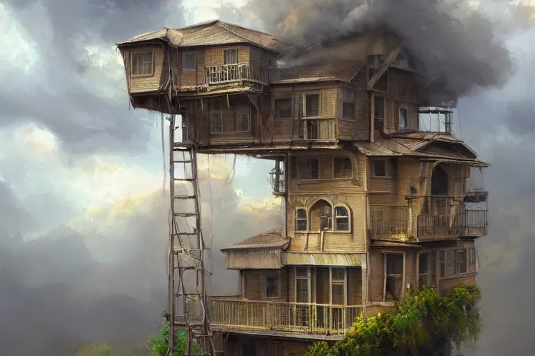 Prompt: A hyperdetailed digital oil painting of a house in the clouds,ladder,by Stanley Artgerm Lau Trending on ArtStation and DeviantArt,Digital