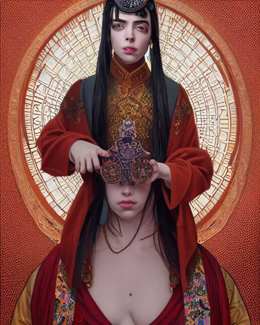 Prompt: portrait of a turkish masculine female billie eilish cyberpunk machine, machine face, full body portrait, decorated with ottoman opera motifs, muscular, asian, fine china, wuxia, traditional chinese art, intricate intense elegant, highly detailed symmetry headpiece digital painting artstation concept art smooth sharp focus illustration, art by artgerm and greg rutkowski alphonse mucha 8 k