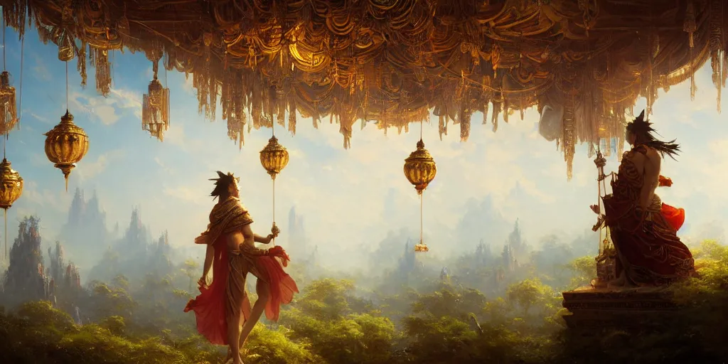 Image similar to painting of a god of wind enjoying his ornate heavenly palace, decorated with windchimes and paper lanterns, stunning nature in background, cinematic, 8 k, hyper detailed, art by greg rutkowski