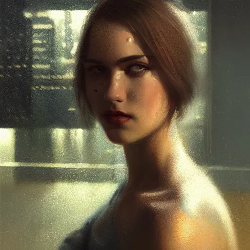 Prompt: detailed portrait of a woman, moment, cyberpunk cloisters, electronic billboards, searchlight, tech noir, wet reflections, atmospheric, ambient, livia prima, greg rutkowski, edward hopper