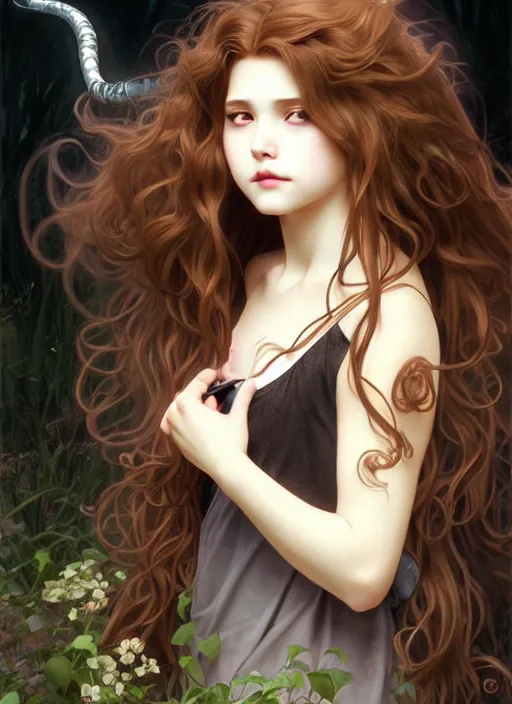 Image similar to young vampire girl, goddess of obsidian diamonds and black roses, with long curly, golden hair, perfectly proportioned face, brown eyes, sweet smile, strong jawline, natural lighting, path traced, highly detailed, high quality, cartoon, digital painting, by new haicheng studio ghibli and riccardo federici and alphonse mucha