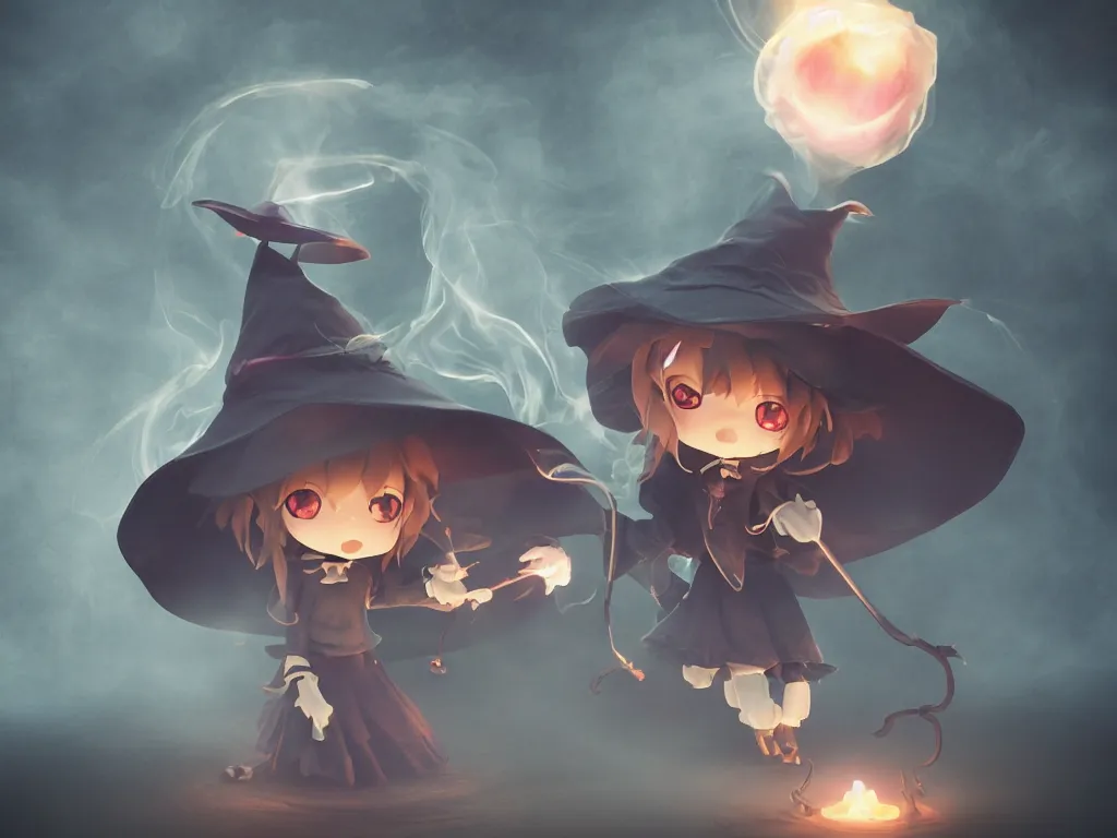 Image similar to cute fumo plush girl witch stirring a cauldron swirling with strange energy, casting a powerful spell, eldritch gothic horror, smoke and volumetric fog, witch girl, soothsayer, lens flare glow, chibi anime, vray