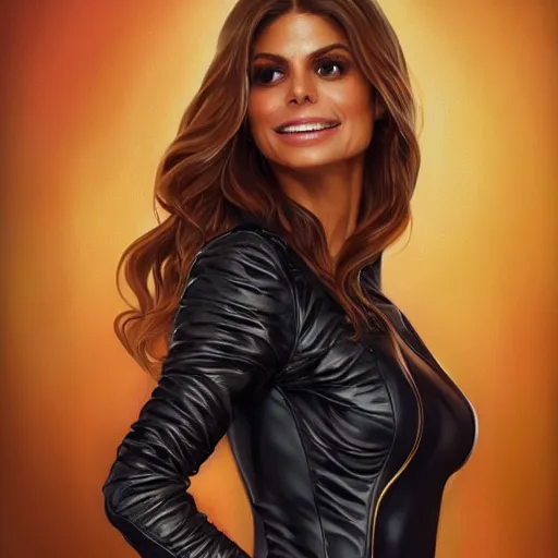 Image similar to portrait of maria menounos wearing a skintight leather jacket!!, intricate, elegant, highly detailed, digital painting, artstation, concept art, smooth, sharp focus, illustration, art by artgerm and greg rutkowski and alphonse mucha, 8 k