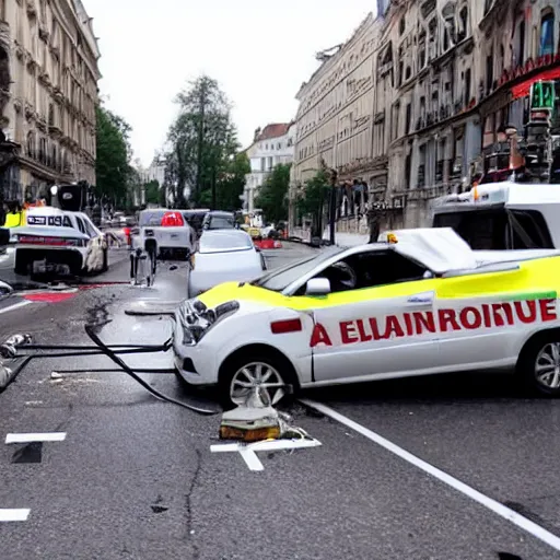 Prompt: a convertible car hit by an ambulance with the flashing light on at an intersection in a european city