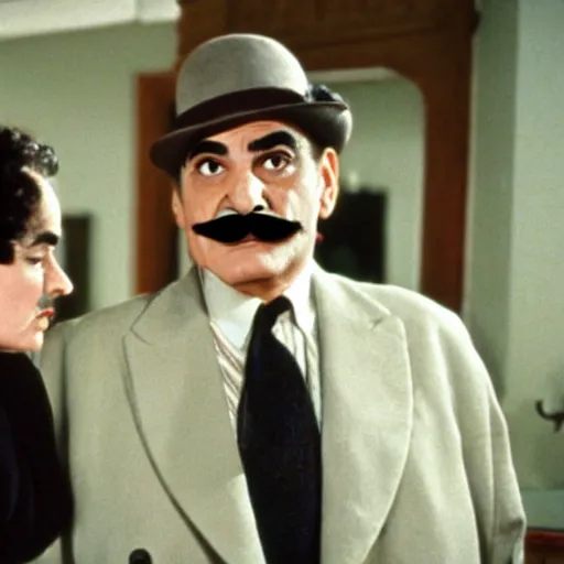 Prompt: scene of the hercule poirot tv serie featuring david suchet with a smaller moustache