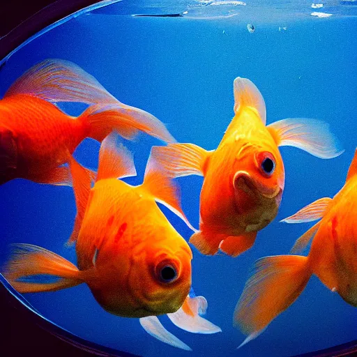 Prompt: goldfish us jumping out of a round aquarium into a second aquarium with blue background