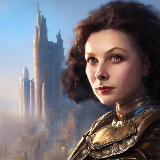 Image similar to closeup portrait of a young vivian leigh as female knight, city background, megacity, high fantasy, dramatic light, gorgeous view, depth, high detail, digital art, painted by greg rutkowski, trending on artstation