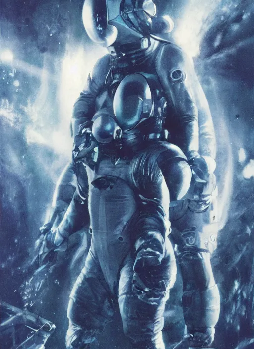 Image similar to astronauts in dark void underwater - complex and hyperdetailed technical suit. reflection and dispersion materials. rays and dispersion of light. volumetric light. f / 3 2. noise film photo. flash photography. ultra realistic, wide angle. poster by wayne barlowe, hajime sorayama aaron horkey, craig mullins