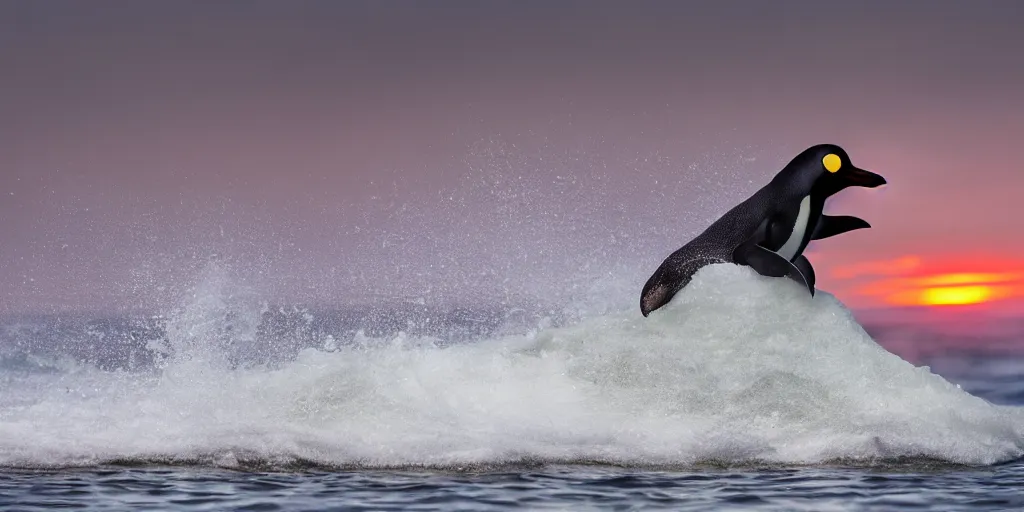 Image similar to penguin surfing a wave at the sunrise