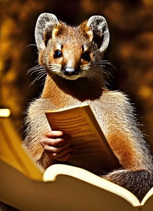 Image similar to a beautiful scene from a 2 0 2 2 fantasy film featuring a humanoid pine marten with golden eyes wearing a loose white tunic reading on a couch. an anthropomorphic pine marten. golden hour.