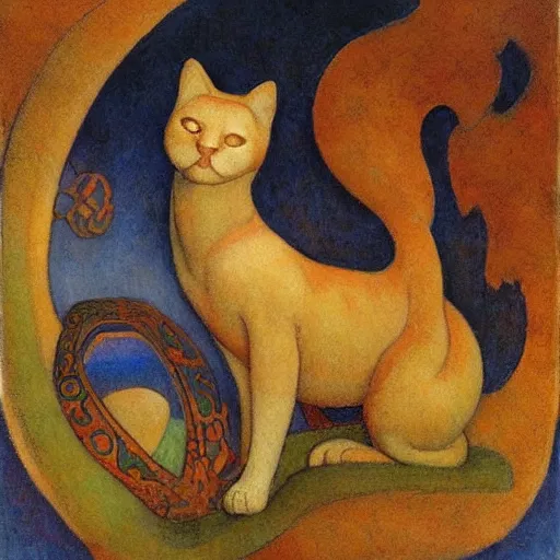 Prompt: painting of a cloisonne cat figurine, by annie swynnerton and diego rivera and nicholas roerich and jean delville, symbolist, dramatic lighting, god rays, art brut, rich colors, smooth, sharp focus, extremely detailed, adolf wolfli and ( donato giancola and bilibin )