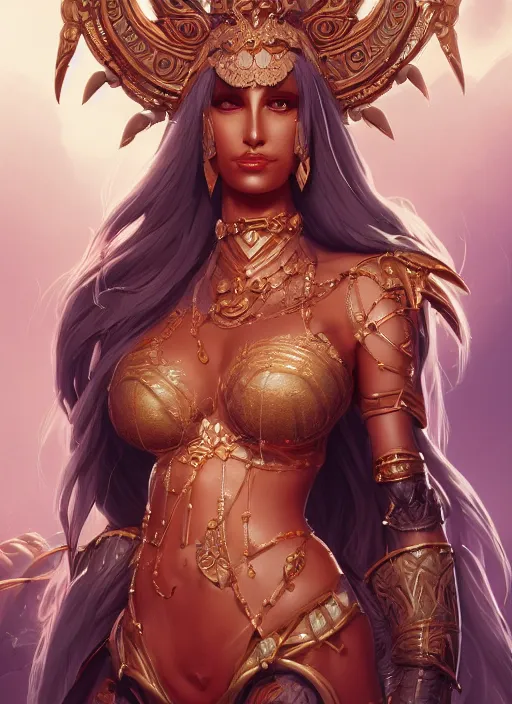 Prompt: a highly detailed illustration of tanned goddess ereshkigal, intricate, elegant, highly detailed, centered, digital painting, artstation, concept art, smooth, sharp focus, league of legends concept art, wlop