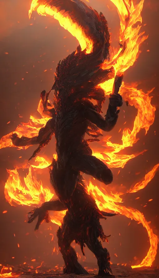 Prompt: fire elemental, man figure, flat background, man body, full body, intricate, beautiful, pathfinder, epic painting, paint texture, uplight, octane rendered, 8k, highly detailed, 3d render, unreal engine, concept art, illustration