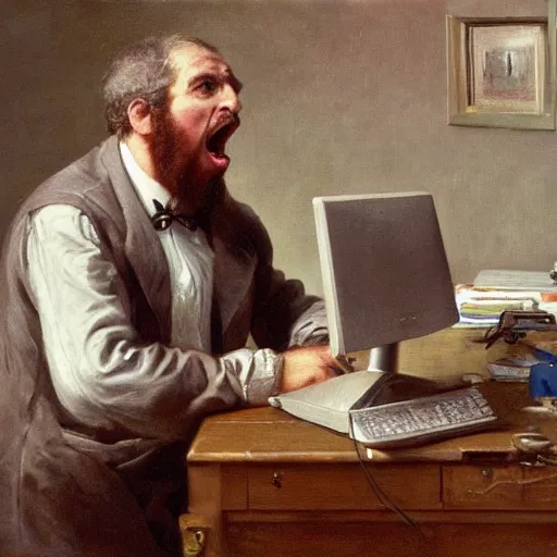 Image similar to an angry man yells at his computer monitor, oil on canvas, 1 8 8 3, highly detailed