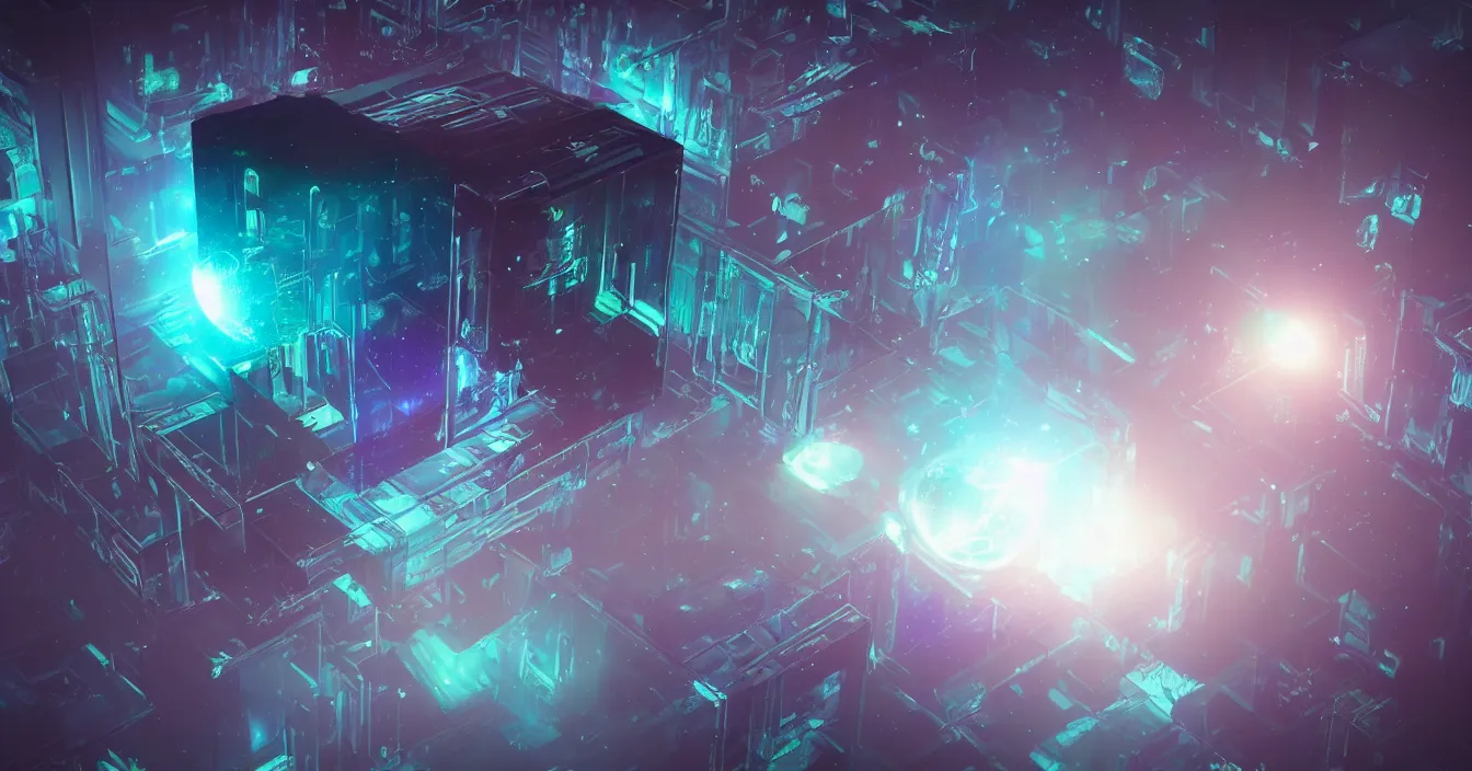 Image similar to Scifi concept art of huge magic tesseract, color difraction, aberrations, defocus, bokeh, dark room, rendered in Vray, high samples