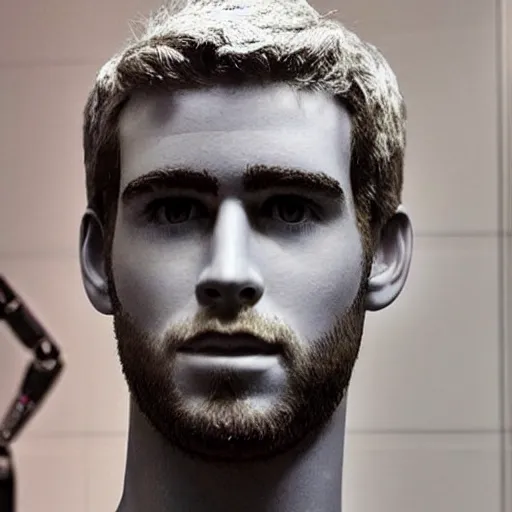 Image similar to “a realistic detailed photo of a guy who is an attractive humanoid who is half robot and half humanoid, who is a male android, actor Liam Hemsworth, shiny skin, posing like a statue, blank stare, at the museum, on display”