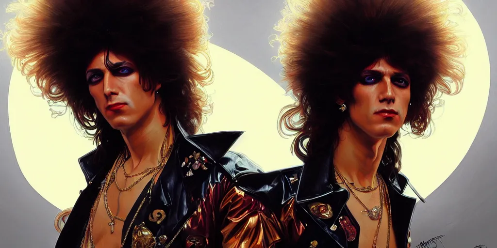 Image similar to a 1 9 8 0 s glam rock star on stage, highly detailed, digital painting, artstation, concept art, matte, sharp focus, illustration, art by artgerm and greg rutkowski and alphonse mucha