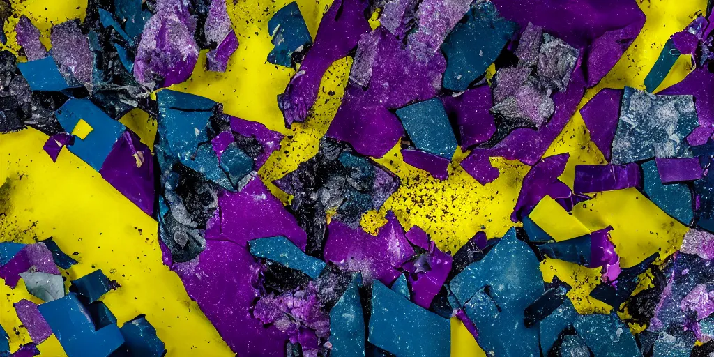 Prompt: solidified dark purple and yellow paint shattered into pieces and clustered together, abstract, hd, 4k, sculpture, photograph