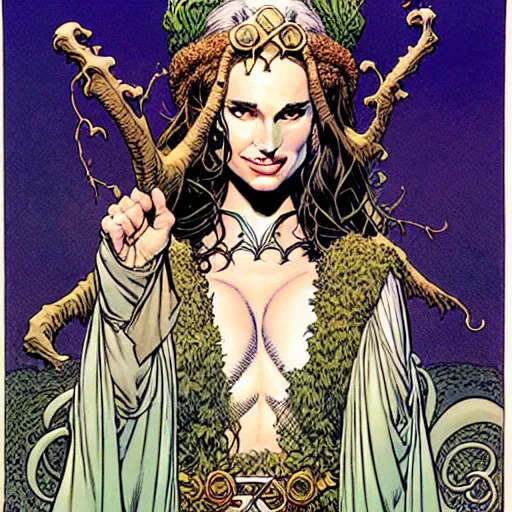 Image similar to a portrait of natalie portman as a druidic wizard by rebecca guay, michael kaluta, charles vess and jean moebius giraud