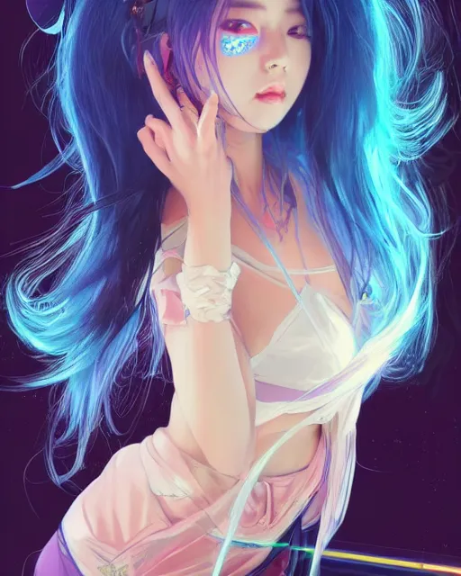 Image similar to stunningly beautiful female dj, blue hair, cute korean actress, dj sura, laser lights, sharp focus, digital painting, 8 k, concept art, art by wlop, artgerm, greg rutkowski and alphonse mucha