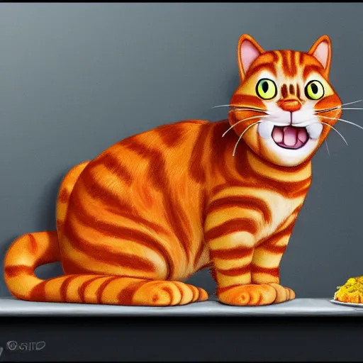 Image similar to Garfield the cat creepily raiding the fridge for lasagna at nine in the morning hyper realistic ultra realistic rtx trending on art station