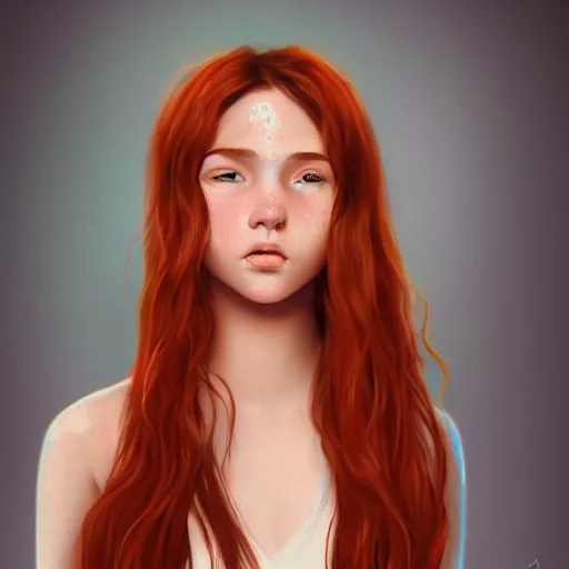 Image similar to portrait of a teen girl with freckles with long red hair and bright brown eyes, 8 k, highly detailed, digital painting, artstation, sharp focus, illustration