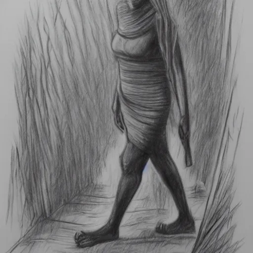 Image similar to bandaged mummy walks through jungle, pencil drawing, high resolution,