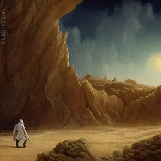 Prompt: A lonely white wolf man walking a corrupted crystal desert by Jacek Yurka, Carl Gustav Carus, 8k, ultra realistic painting