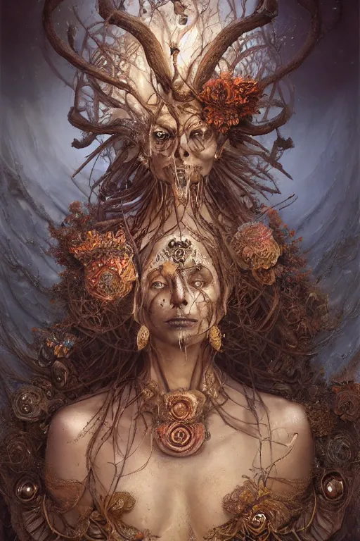 Prompt: gorgeous detailed cgi matte painting tanned female empress of the life and fertility, by ellen jewett, tomasz alen kopera and justin gerard | symmetrical, vivacious, ominous, realism, grunge, intricate, ornate, royally decorated, skull, skeleton, whirling smoke, glowing particles, colorful adornments, colorful torn fabric, radiant colors