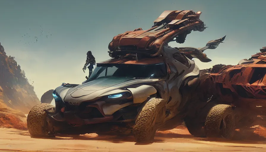 Prompt: a beautiful concept design of a supercar converted into offroad suv by cory loftis, fenghua zhong, ryohei hase, ismail inceoglu and ruan jia. volumetric light, detailed, octane render, horizon zero dawn