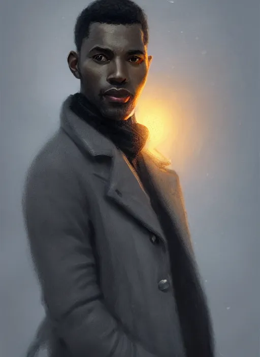 Prompt: portrait of handsome black man wearing grey peacoat, baroque lightbulb idea, middle aged and fit, elegant atmosphere, glowing lights, highly detailed, digital painting, artstation, concept art, smooth, sharp focus, illustration, art by wlop, mars ravelo and greg rutkowski