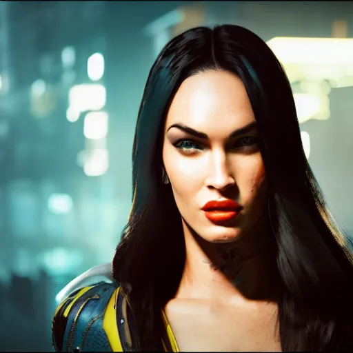 Image similar to Megan Fox portrait, ultra photorealistic, Cyberpunk 2077, neon, octane, bokeh, 8k