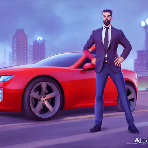 Image similar to the annoying car salesman, perfect eyes, full body shot, portrait, vivid colors, elegant, concept art, sharp focus, digital art, Hyper-realistic, 4K, Unreal Engine, Highly Detailed, HD, Dramatic Lighting by Brom, trending on Artstation