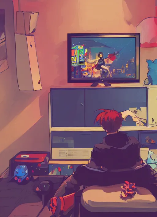 Prompt: video gamecore, gamecore, gamercore pop art of a man playin playstation 5 on his bedroom at night, cinematic perspective, studio ghibli, pop art, trending in artstation, behance, deviantart