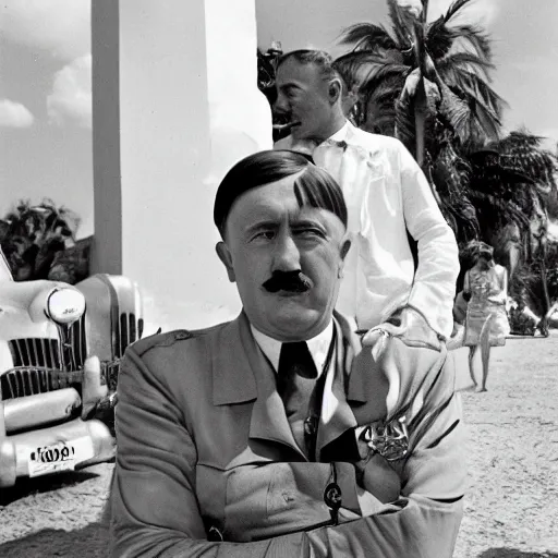 Image similar to adolf hitler enjoying the summer in cuba, photo made by Slim Aarons, award winning,