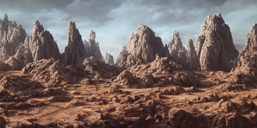 Image similar to flat surface, sci-fi rocky terrain environment in the style of a miniature movie sets and 1980s matte paintings by Lucasfilm ultra realistic, 4K, movie still, UHD, sharp, detailed, cinematic, render, star wars, star trek, 1970s