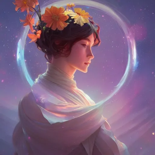 Image similar to Flower in the cosmos, highly detailed, digital painting, artstation, concept art, smooth, sharp focus, illustration, Unreal Engine 5, 8K, art by artgerm and greg rutkowski and alphonse mucha