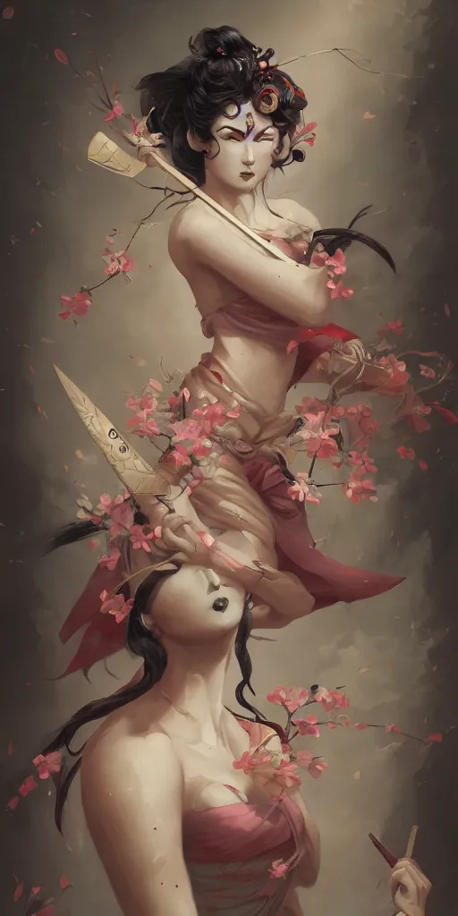 Image similar to beautiful geisha sakura warrior By Peter Mohrbacher, clean, trending on artstation,