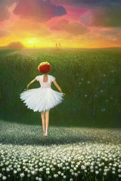 Image similar to veil of giant white daisy flower as head, girl dancing in a flower field, surreal photography, sunrise, dramatic light, impressionist painting, colorful clouds, digital painting, artstation, simon stalenhag