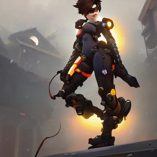 Image similar to overwatch tracer, cinematic lighting, dramatic atmosphere, by dustin nguyen, akihiko yoshida, greg tocchini, greg rutkowski, cliff chiang, 4 k resolution, trending on artstation