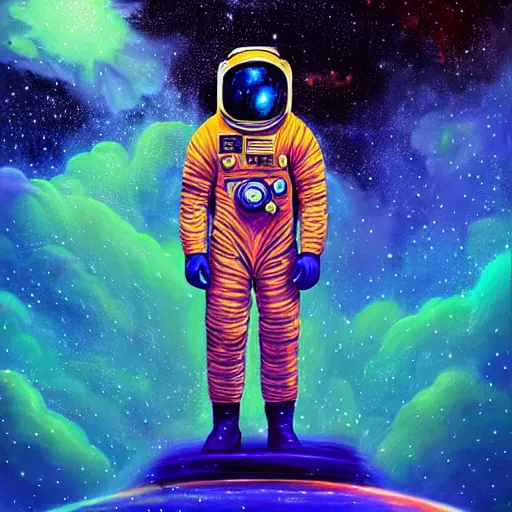 Image similar to astronaut standing infront of a nebula, illustration painting, oil on canvas, intricate, portrait, detailed illustration, hd, digital art, overdetailed art, concept art, complementing colors, detailed, illustration painting by alex gray, digital art, overdetailed art, concept art, complementing colors rendered by beeple, syd meade